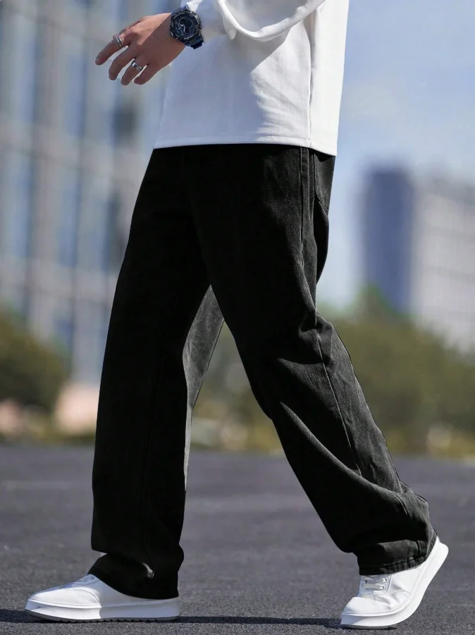 بنطال جينز رجالي فضفاض كاجوال بأرجل مستقيمة مع جيوب مائلة، مناسب لجميع المواسم ومصنوع من القماش الناعم #5