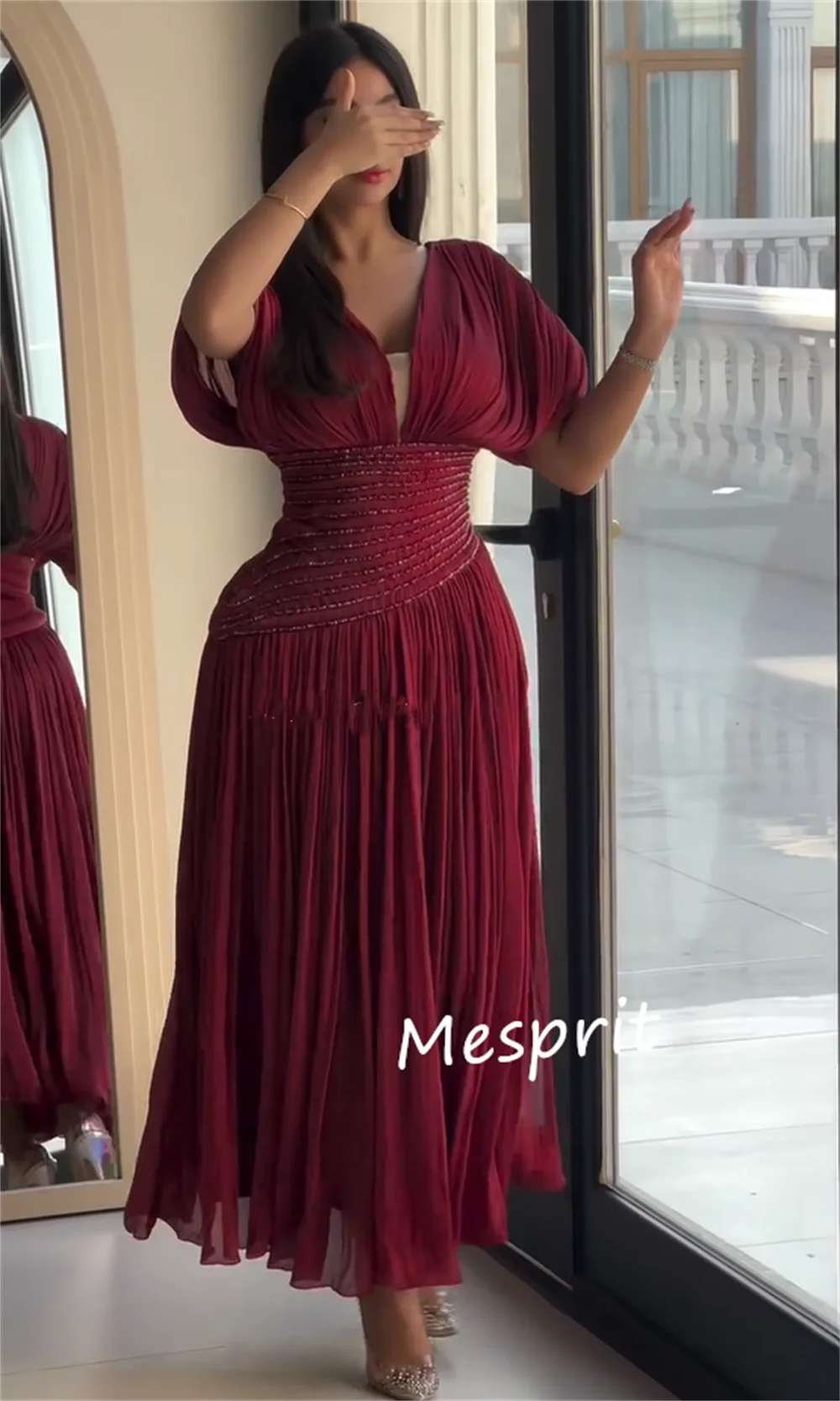 Vestidos Midi personalizados de gasa con pliegues y lentejuelas, corte en A, cuello en V, vestidos para ocasiones a medida, intrincados, sexys y sencillos