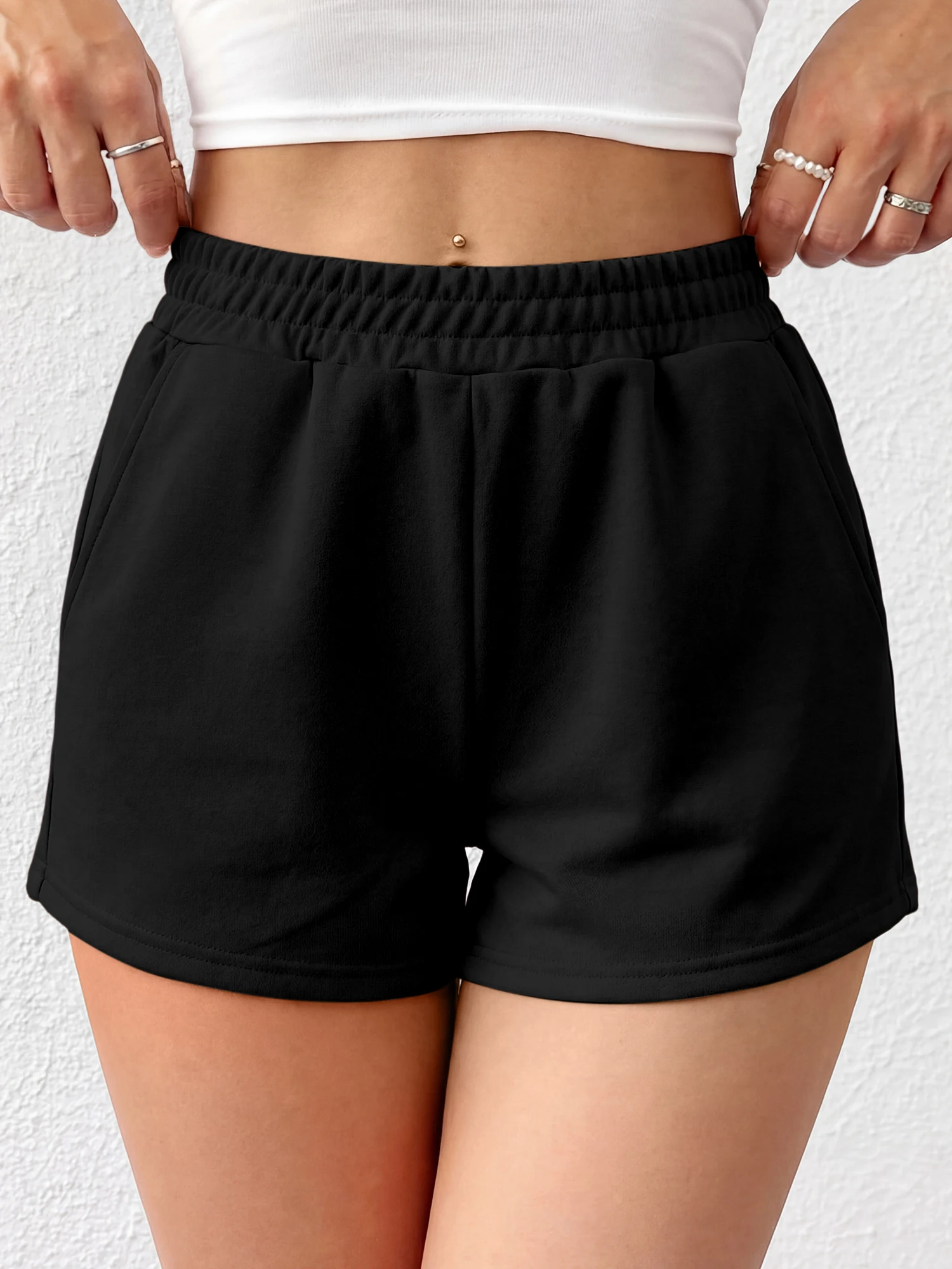Y2K High Waist Black Sweat Shorts Women Loose Pocket Casual Streetwear Mini Short Pants