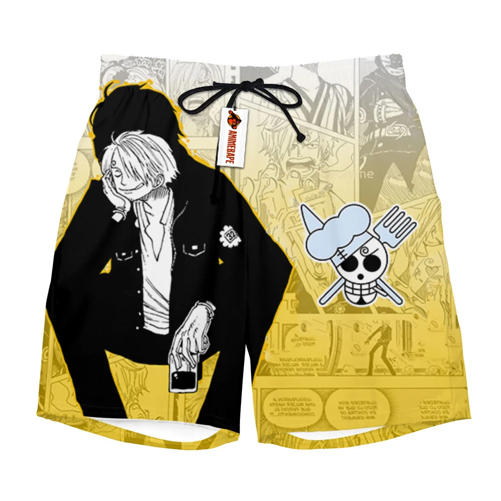 

2026 One Piece Sanji Yellow Gradient Manga Style Print Quick Dry Shorts Men Anime Casual Breathable Beach Shorts