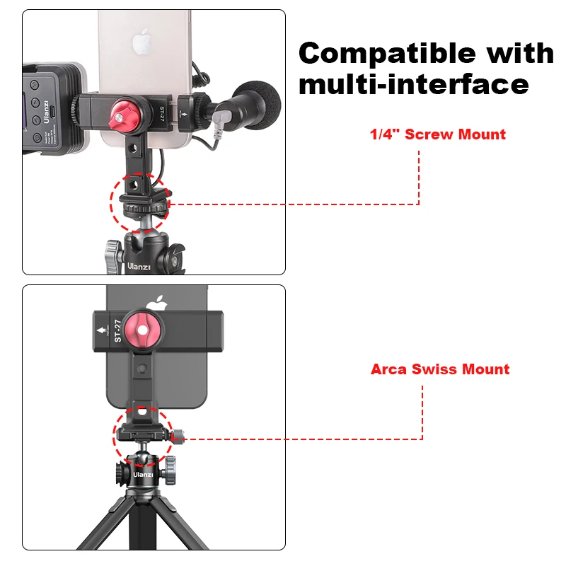 Ulanzi Pince de support de téléphone en métal ST-27 avec chaussure froide Arca 360 ° Rotatif Trépied réinitialisation de montage pour TikTok Vlog