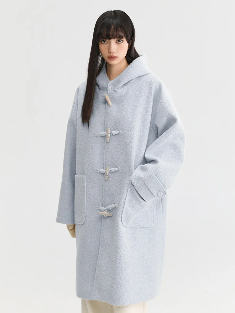 

Розовое шерстяное пальто с капюшоном в школьном стиле, светло-голубое шерстяное пальто средней длины, прямое, тонкое, для повседневной носки, зимнее