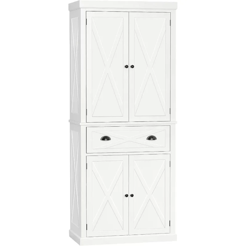 Kitchen Pantry Storage Cabinet, Traditional Freestanding Cupboard with 4 Doors and 3 Adjustable Shelves, Large Central Drawer