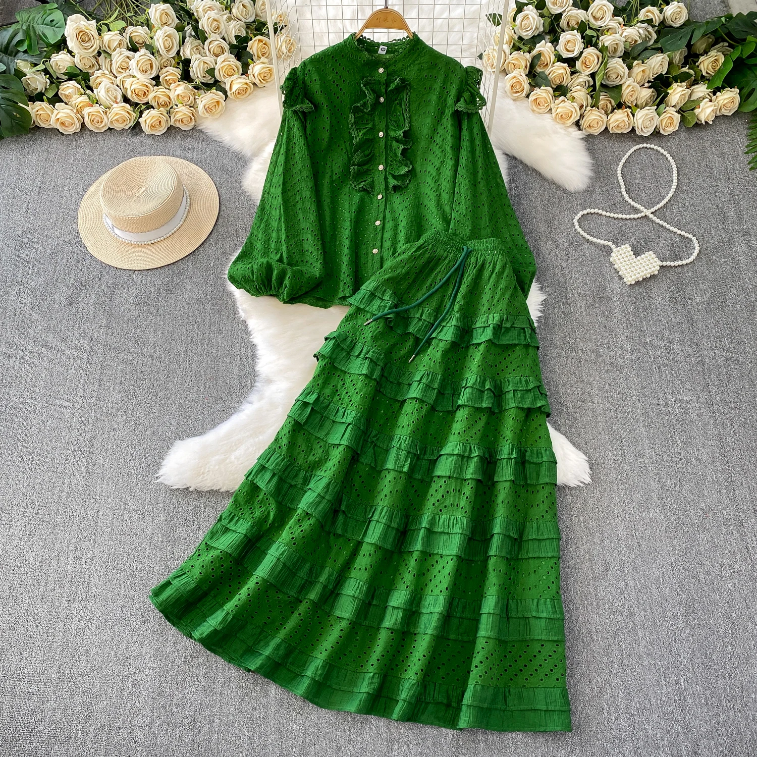 

Весенне-летний женский кружевной комплект с воротником-стойкой, кружевная ажурная рубашка, юбка-тортик, костюм из двух предметов, элегантные женские одинаковые комплекты во французском стиле