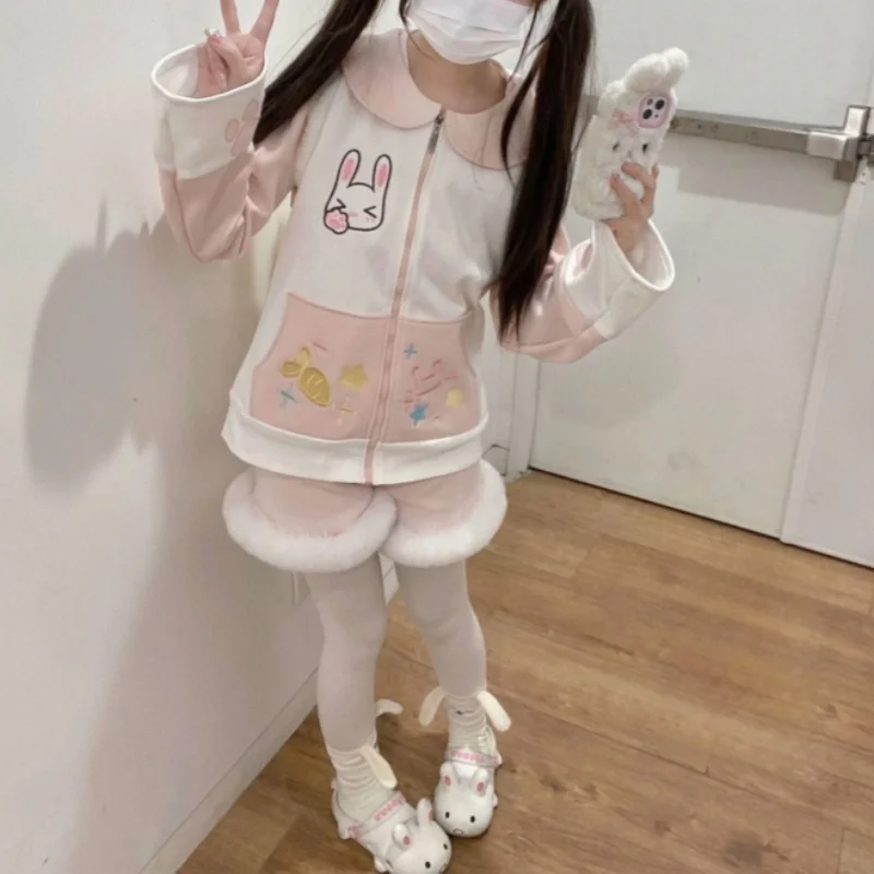 

Otaku Culture Japanese Style Kawaii Slimming Splicing Loli Autumn Winter Plush Cute Print Bunny Loose Tops ABDL Cosplay Jacket