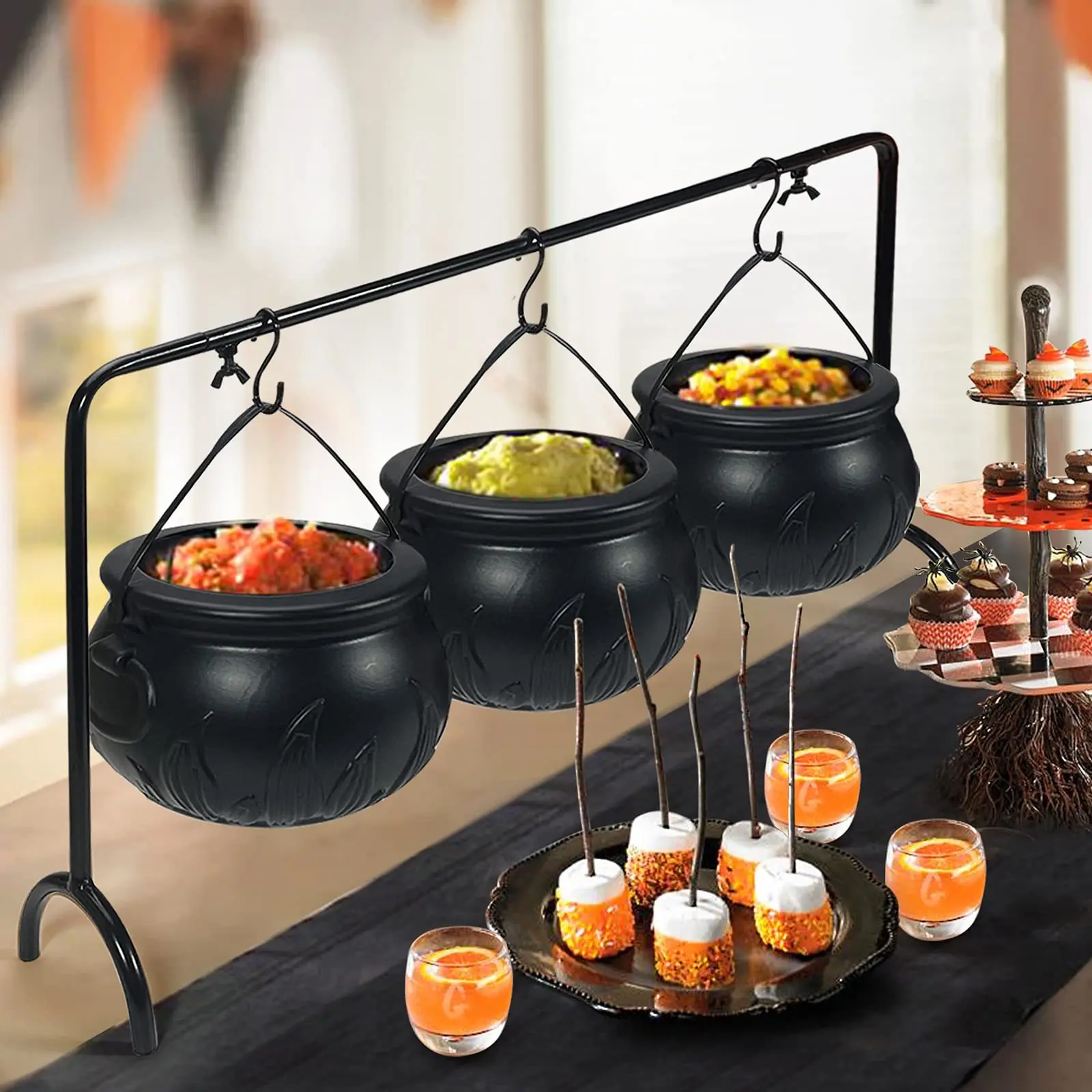 

Halloween Decor - Halloween Party Decorations - Set Of 3 Witches Cauldron Serving Bowls On Rack - Black Plastic Cauldron