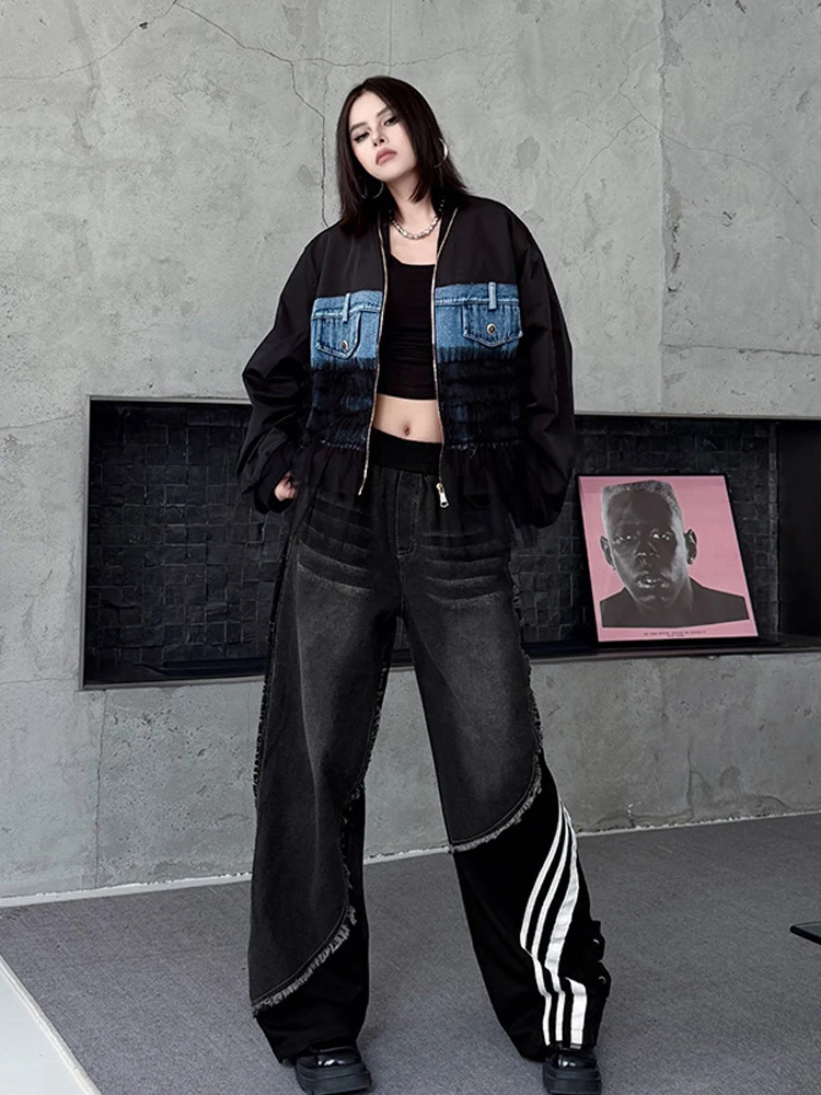 Nyfs americano vintage plus size feminino retalhos jeans solto ajuste cintura elástica perna larga calças jeans estilo outono