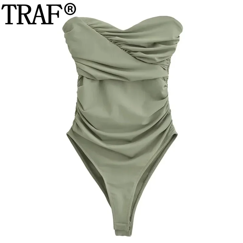 TRAF increspato a fascia body estate Off spalla tuta donna Backless Sexy Lingerie un pezzo stretto taglio alto perizoma body