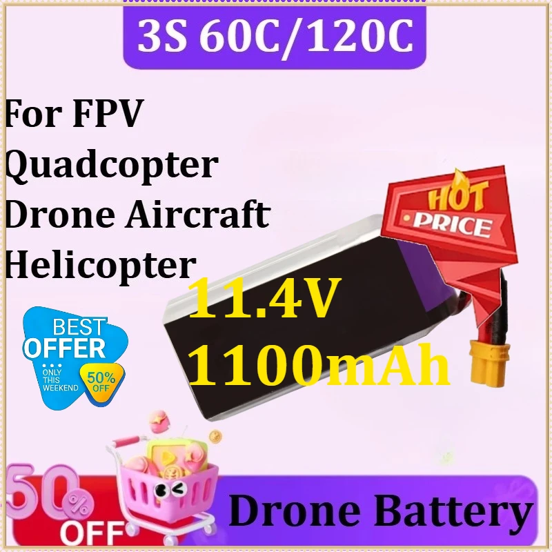 

For FPV Quadcopter Drone Aircraft Helicopter 3S 11.4V 1100mAh 60C/120C Lipo Battery XT30