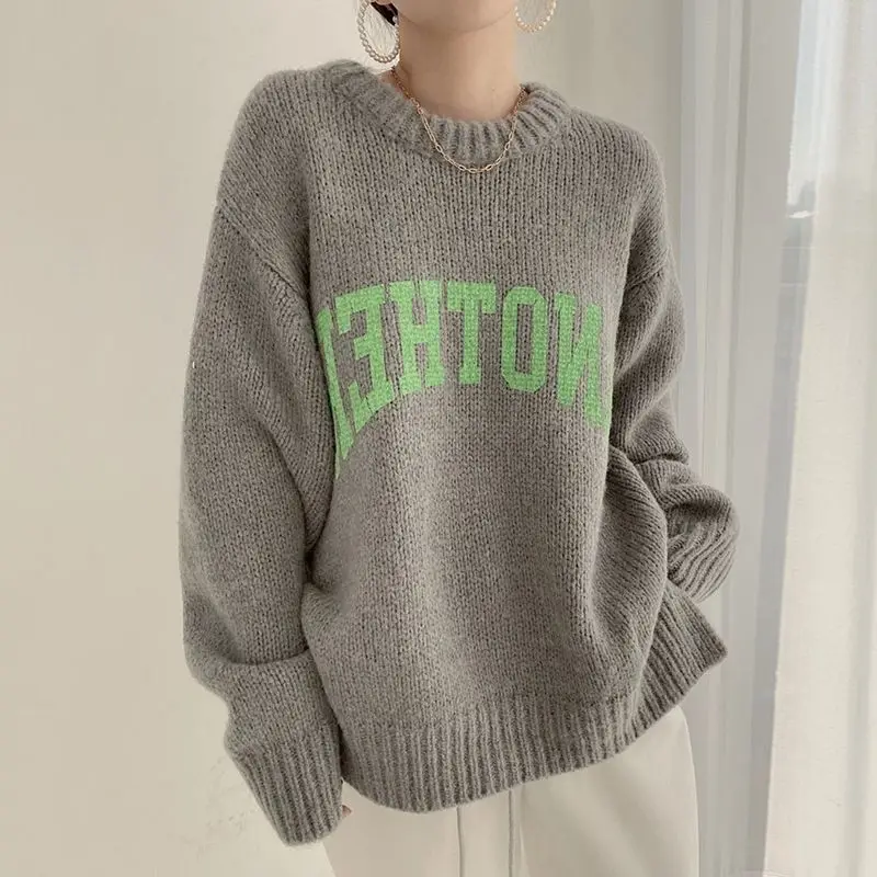 Fashion O-Neck Loose Korean Printed Letter Knitted Sweater Female Clothing 2023 Winter New Casual Pullovers All-match Tops