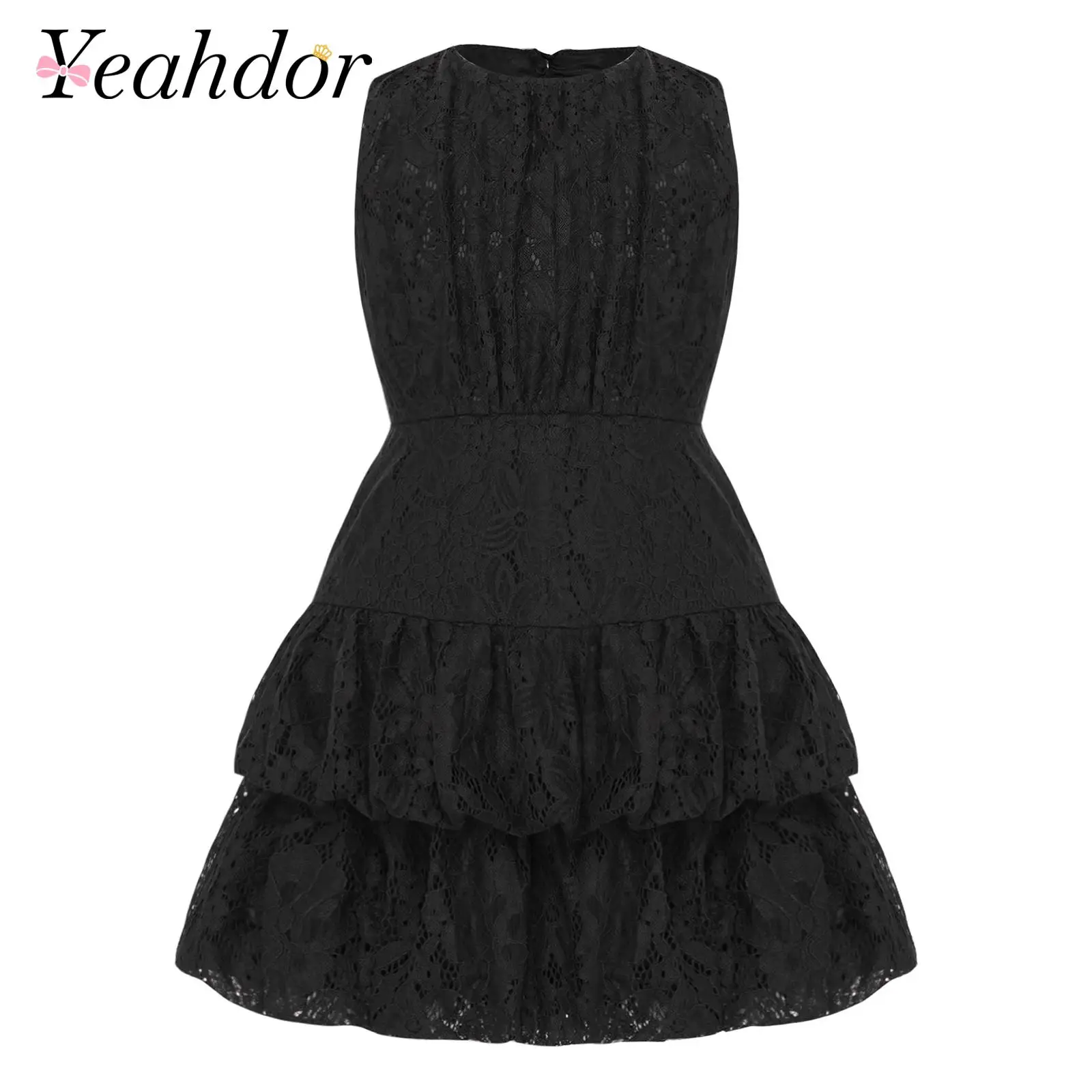 Flower Girl Clothes Kids Dress for Girls Elegant Floral Lace Party Dress Gown Tiered Hem Sleeveless Dress Child Birthday Costume