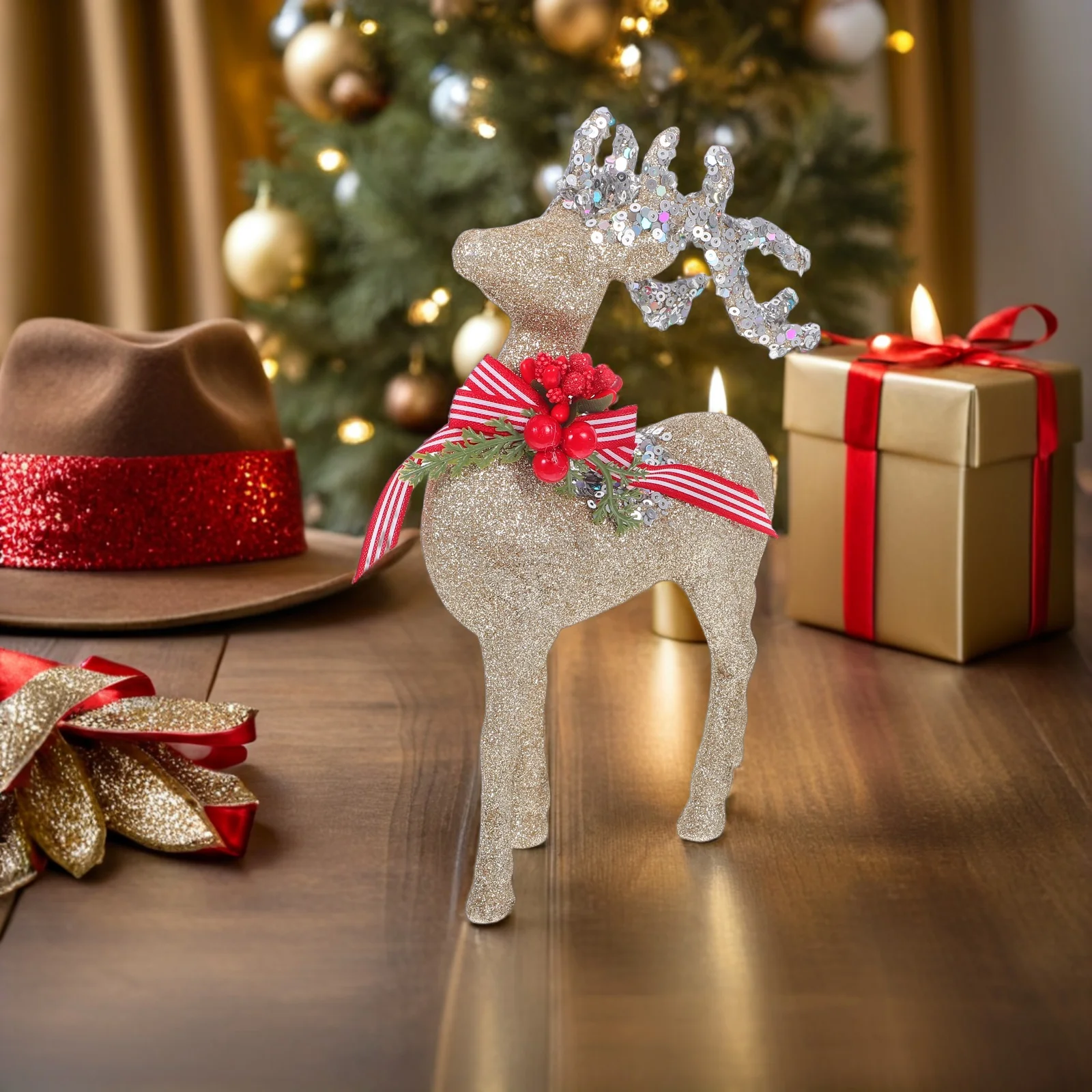 1Pair Glitter Plastic Reindeer Statue Flocking Elk Christmas Fireplace Mantle Table Centerpiece Flocking Reindeer Statue