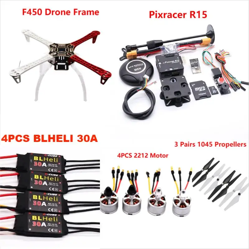 F450 Drone Kit Pixracer R15 Flight Control  Ardupilot Quadcopter BLHELI 30A 2212 Motor ESC Landing Gear