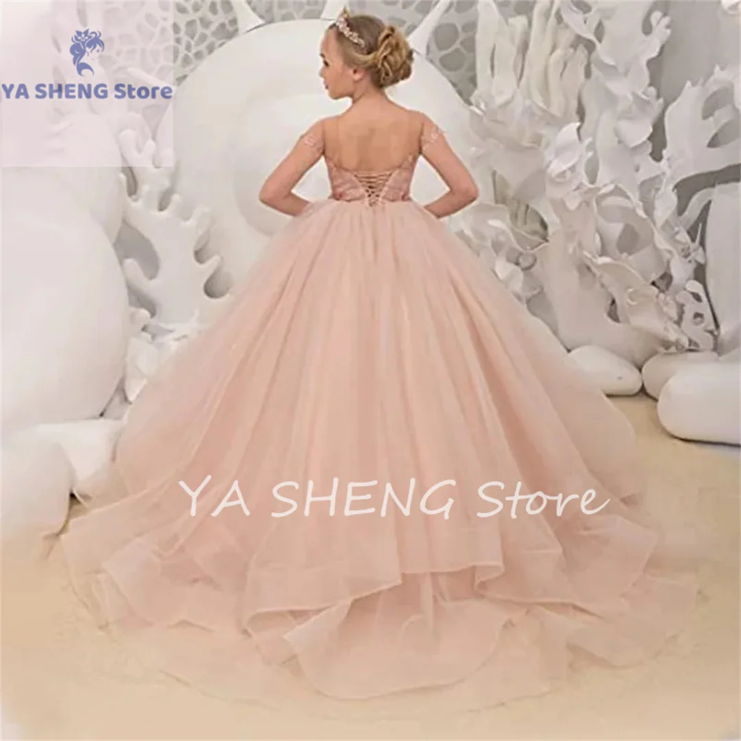 Long Ruffles Blush Ball Gown Child Flower Girl Dresses for Wedding Princess Appliques Cap Sleeves Photoshoot Communion Gowns