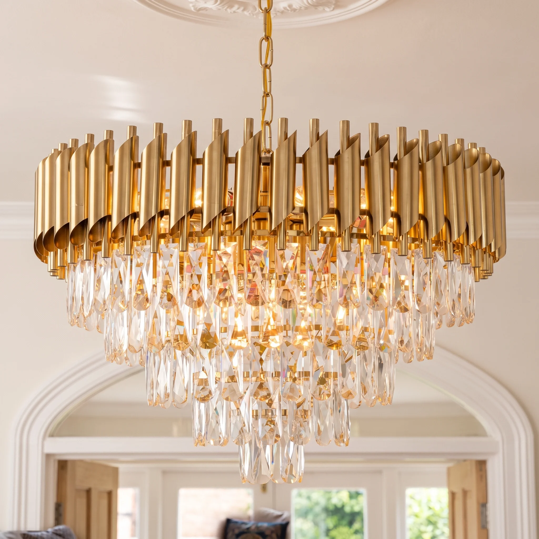 Moderner runder Kristall-Kronleuchter in Gold, große 3-stufige hochwertige K9-Kristall-Pendelleuchte mit verstellbarer Kette, luxuriöse Deckenleuchte für Kücheninsel, Esszimmer, Wohnzimmer, Foyer