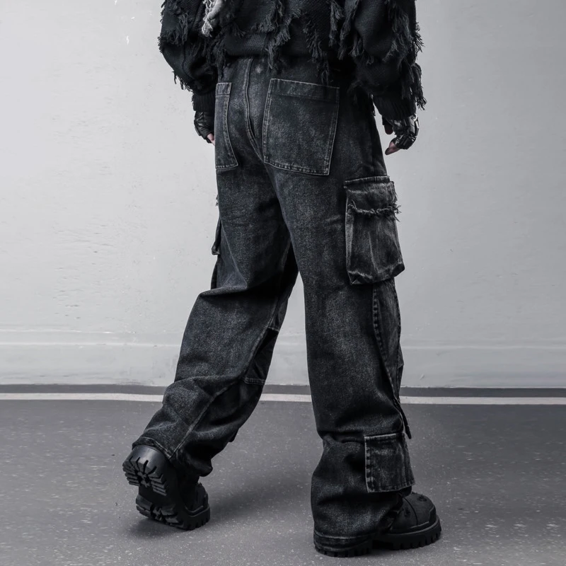 Hksh primavera outono nova tendência masculina pesada desconstruída retalhos resíduos estilo terra multi-bolso lavado retro jeans de perna larga hk13385