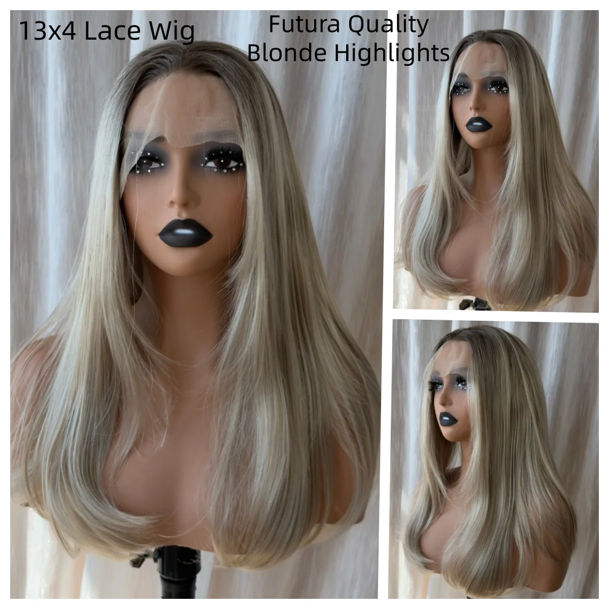 13x4 Synthetic Lace Wig Dark Root Silver Blonde Balayage Straight Hair Futura Hair Heat Resistant Wig For Ladies Salon Styling