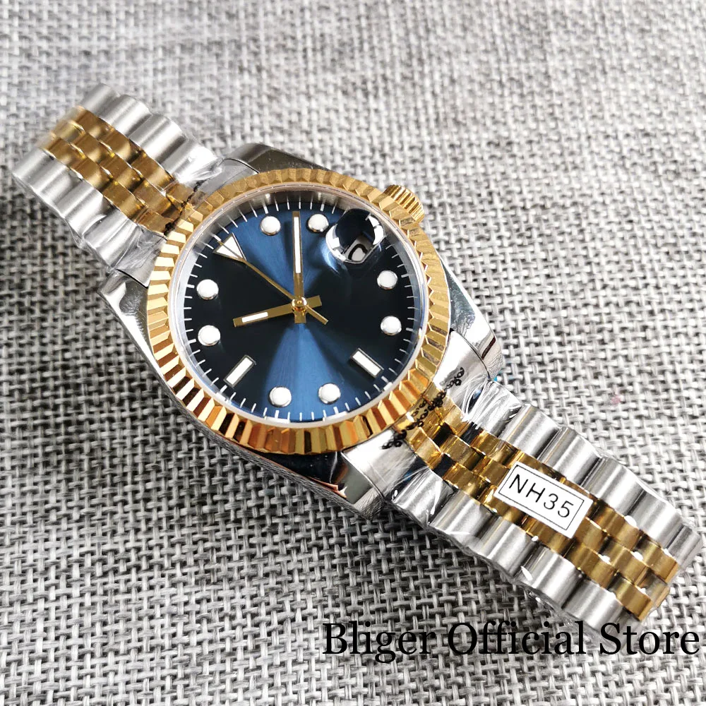 BLIGER 36mm/39mm Fluted Bezel NH35A MIYOTA PT5000 Mechanical Men Watch Two Tone Gold Steel  Strap Sunburst Blue Dial