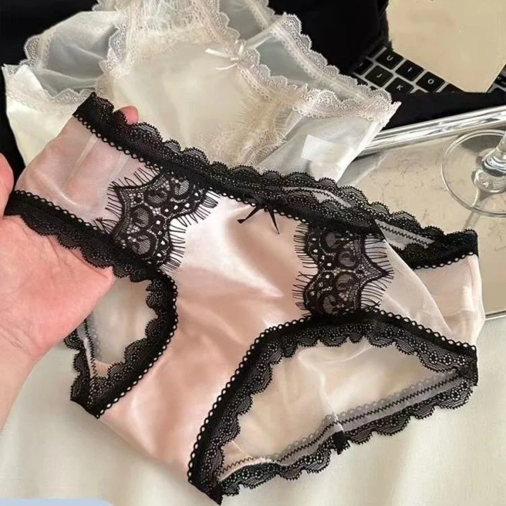 

Breathable Low Waist Lace Panties Bow Mesh Lace Underwear for Women Lingerie Cotton Crotch Satin Silk Briefs Girl