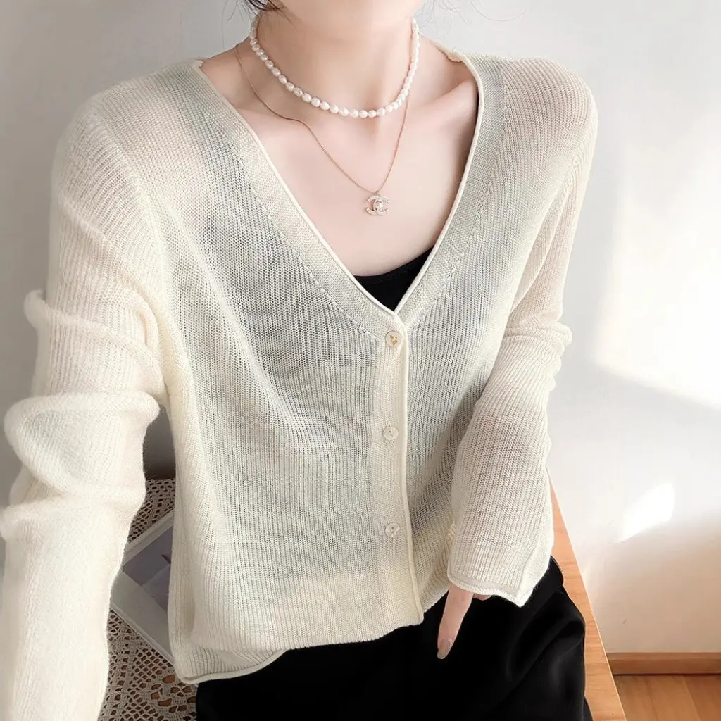 

Women's V-Neck Ice Silk Knitted Cardigan Long-Sleeved Roll-Up Sunscreen Shirt Hollow Coat Top for Spring Summer Air Conditioning
