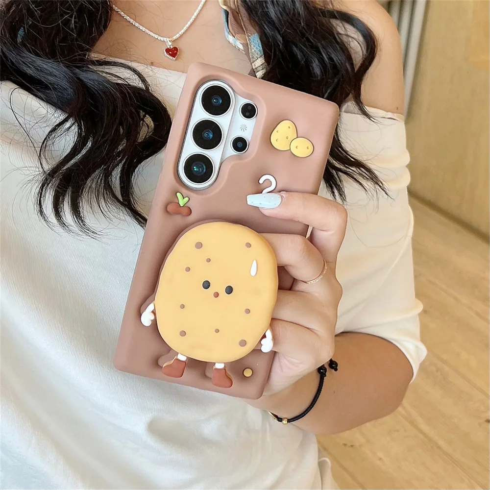 Cute 3D Cartoon Potato Bracket Phone Case for SamSung Galaxy S26 Ultra S25 A56 Funny Food Theme Soft Silicone Protection Cover