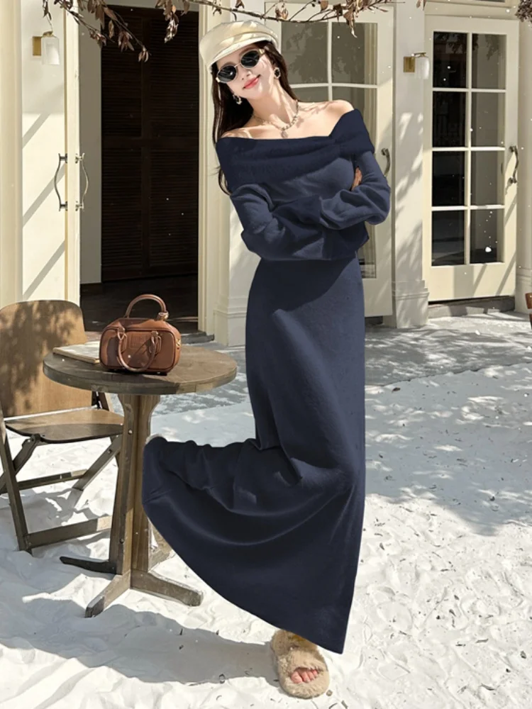 SMTHMA Sexy Slash Neck Super Style Sweater Knitted Dress Women's New Autumn Winter Elegant  Slim Soft Long Dresses Vestidos