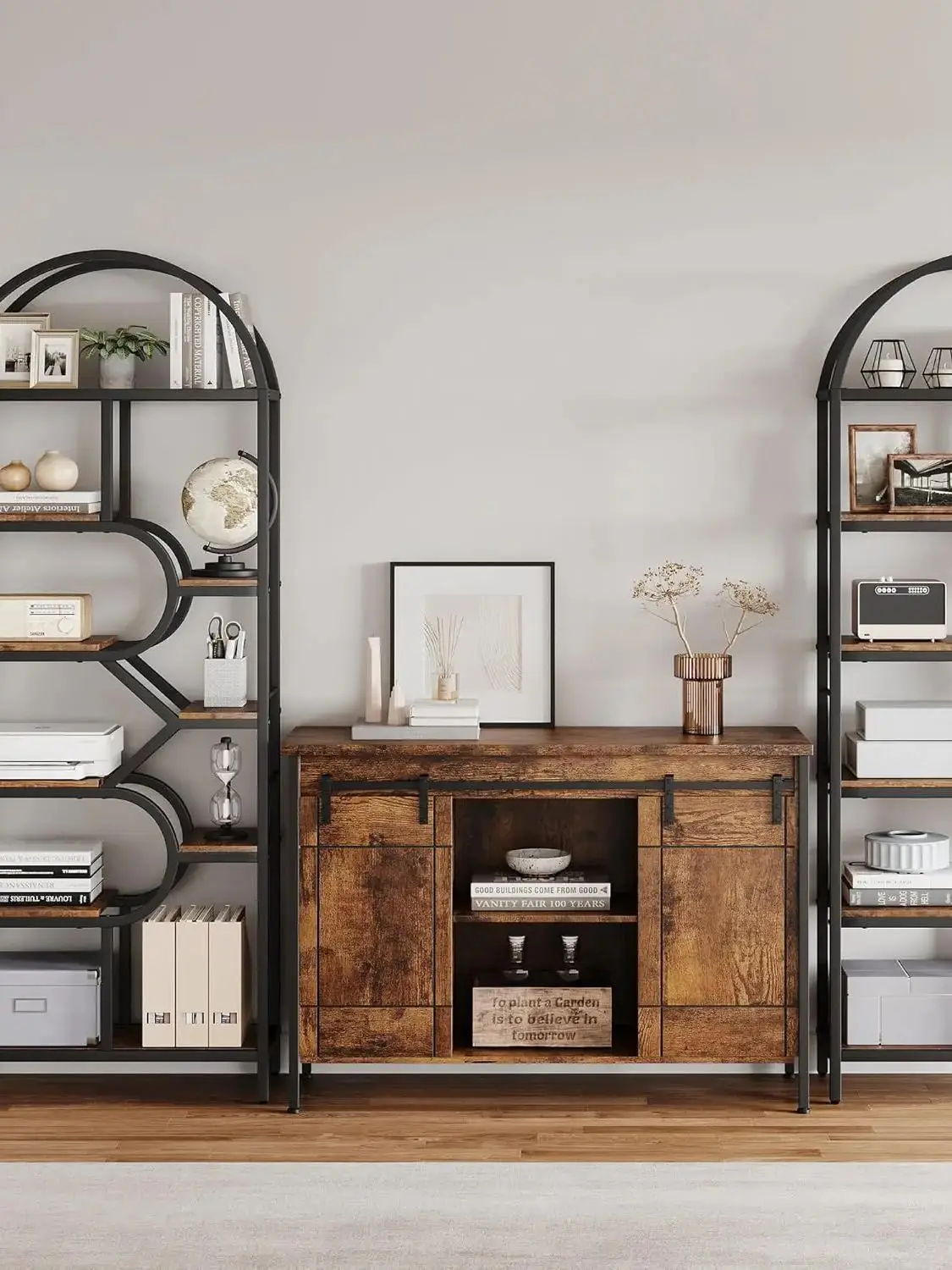 6-Tier Modern Tall Bookcase with Arched Design, 82″ Geometric Open Display Rack with Open Storage Shelf, Bookshelf for Living Ro