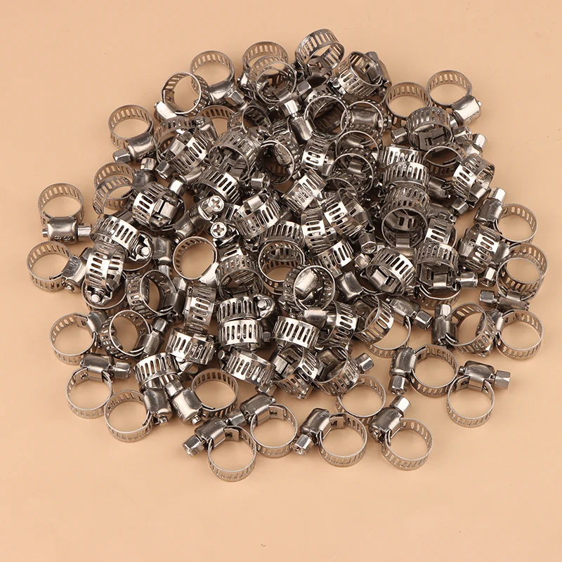 Kit de braçadeira de mangueira de aço inoxidável 304, 100 peças-6mm a 44mm, linha de combustível e clipes de tubulação de água, conjunto durável de fixadores de mangueira de vários tamanhos