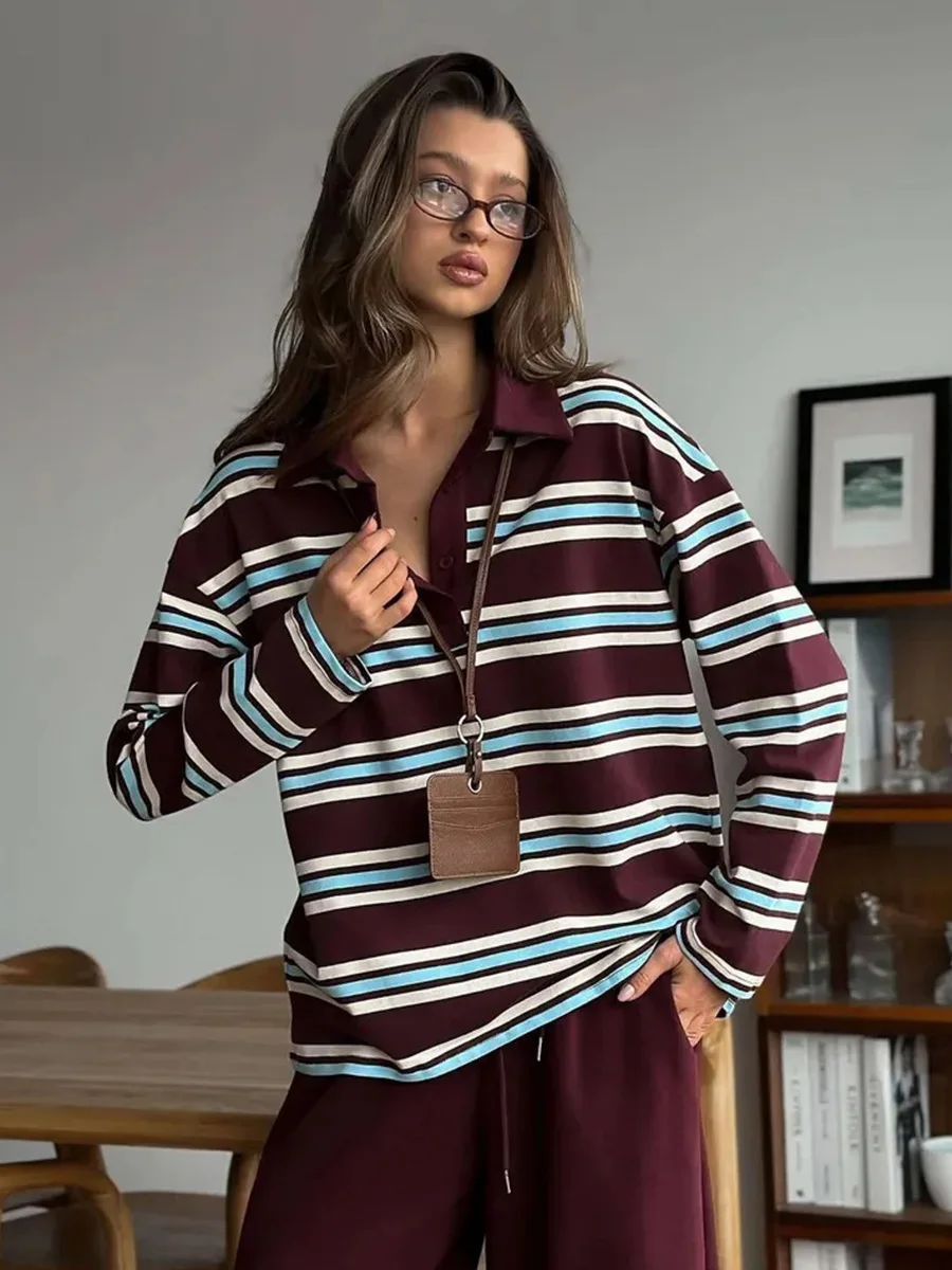 

2025 autumn casual striped long sleeved T-shirt women's button up lapel polo shirt T-shirt new street wear retro chic top