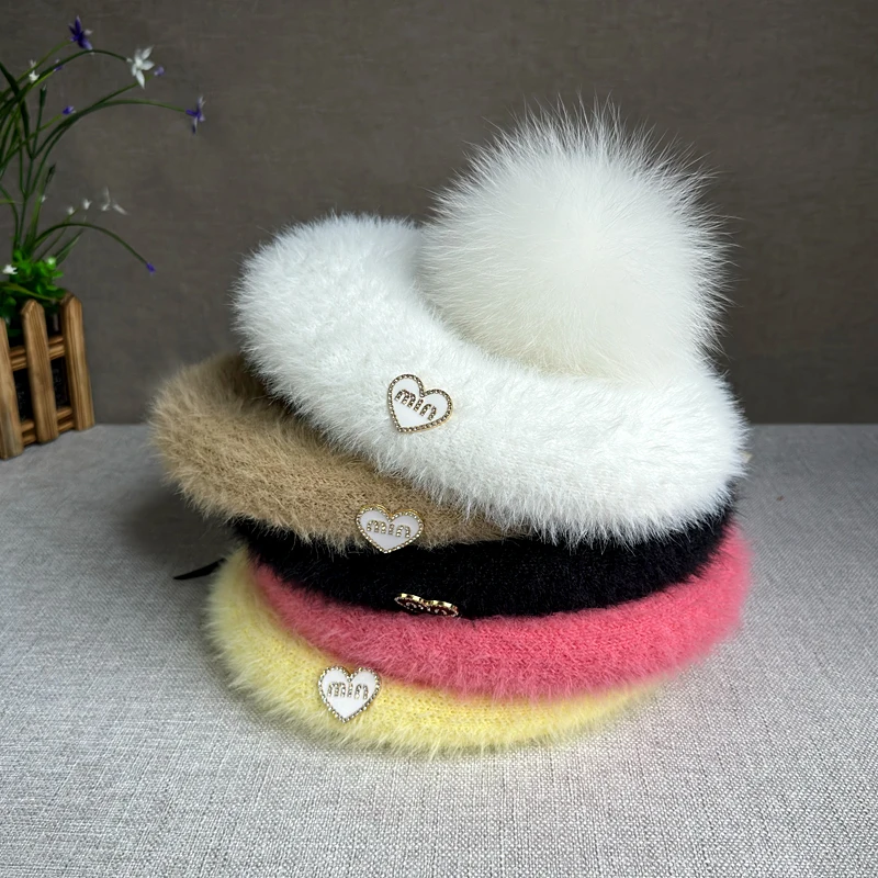 High quality New Natural fur pompom Berets hat for women Fashion casual winter Women Hat Girls Female Warm Walking Travel berets