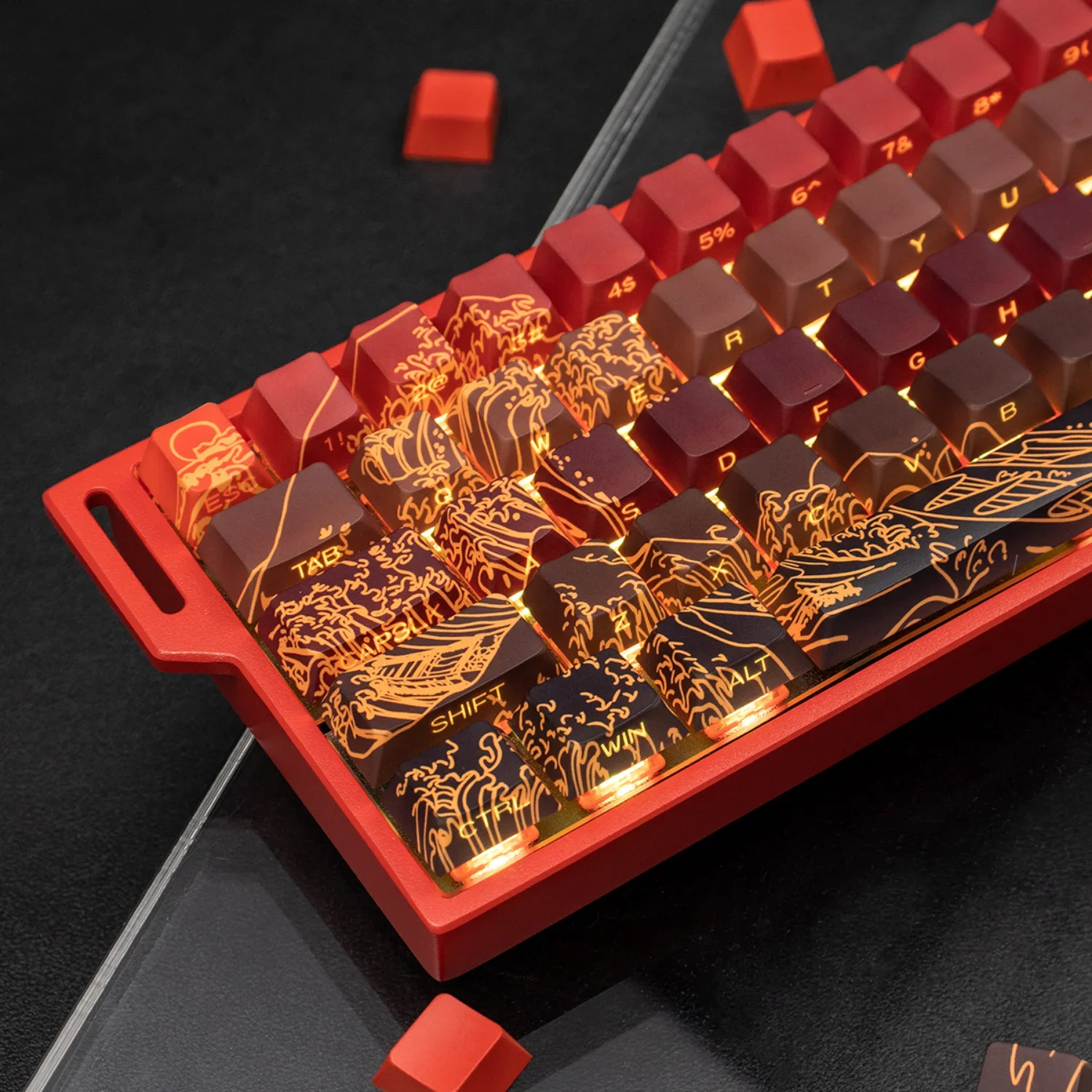 Ukiyo-e Cherry PBT130 Key Side Engraved Transparent Key Cap Set for 66/68/86/96/98/104 Mechanical Keyboard