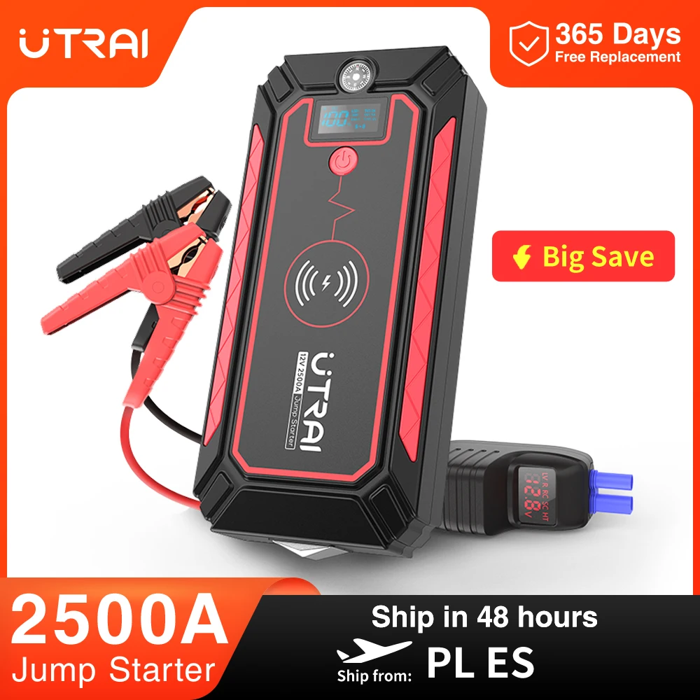 UTRAI 2500A démarreur de batterie de voiture batterie externe Portable 10W chargeur sans fil lumière LED marteau de sécurité démarreur de saut de voiture