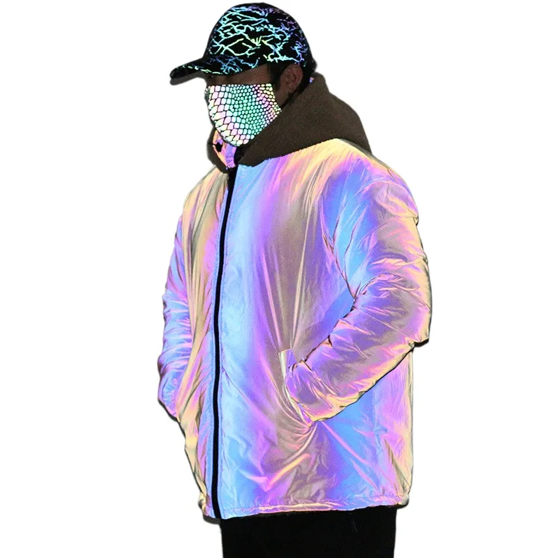 Men's Fashion Fleece Reflective Jacket Winter Warm Velvet Revisable Overcoat For Male Hooded Reflect Thick Thermal Outerwear