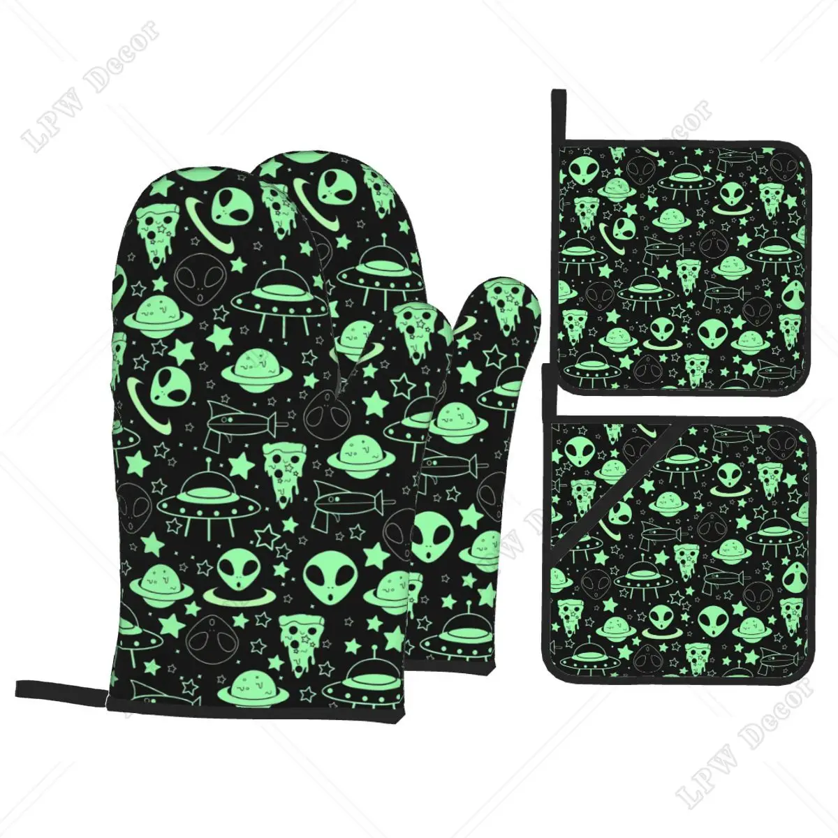 

Custom Space Ship And Aliens Oven Mitts and Pot Holders for Kitchen Sets of 4 Resistant Baking BBQ Cooking Gloves