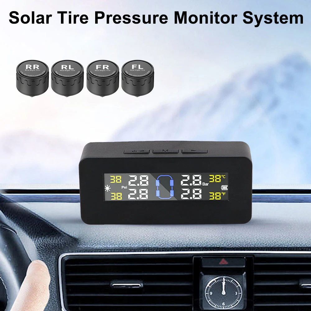 Système de surveillance de la pression des pneus de voiture TPMS solaire numérique avec 4 capteurs TPMS, écran LCD, système d'alarme de sécurité automobile, testeur de type