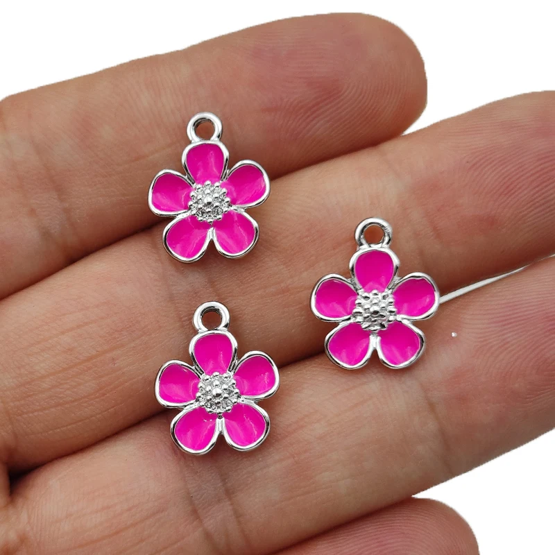 10Pcs Silver Plated Enamel Purple Flower Charms Pendant for Jewelry Making Earrings Bracelet Necklace Accessories DIY Findings