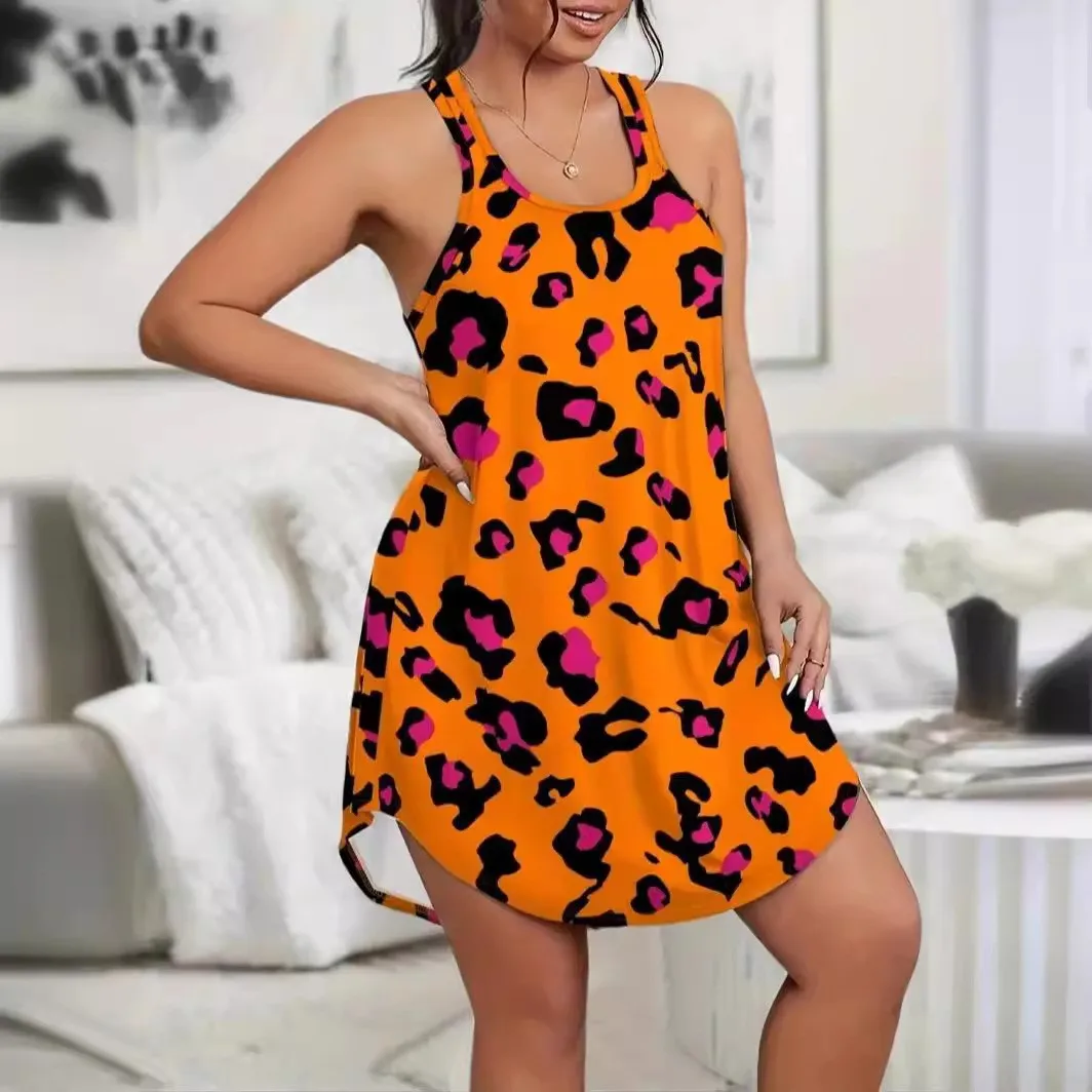 Plus Size Women Sleeping Home Dress Casual Camisole Sleeveless  Leopard Printed Mini Dress Fashion  Summer Nightgown