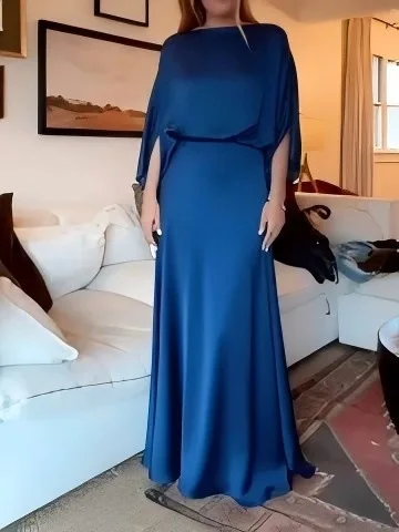 Damen Modisches Atmosphärisches Kleid Frühling Sommer Neuer Stil Rundhals Sieben-Ein-Acht-Ärmel Elegantes Sexy Einfarbiges Seiden-Langkleid – Detail 3