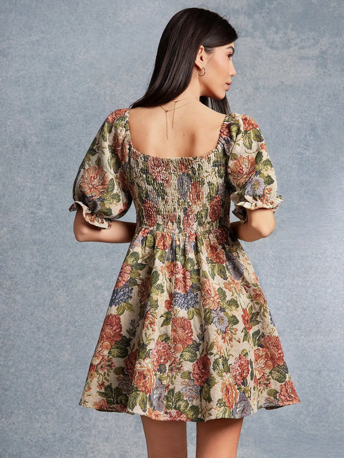 Floral Tapestry Mini Dress with Square Neck & Puff Sleeves, Boho Western Style for Fall Winter