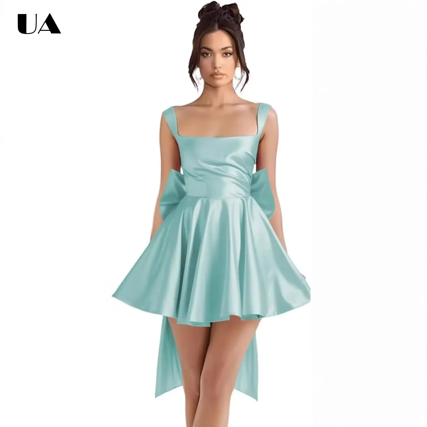 Customized Satin Square Neck Ball Gown with Oversized Bow, Princess Style Mini Prom Dress, Elegant Solid Cocktail Party Dress
