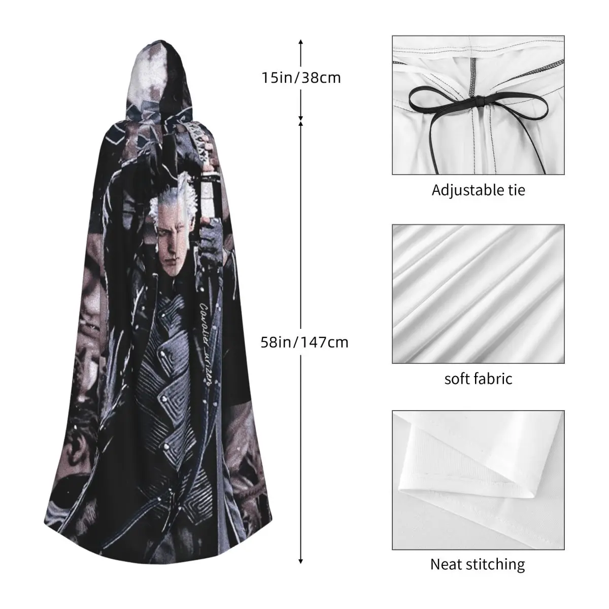 

Вергиль из Дьявола May Cry Seri Длинный плащ с капюшоном Ведьма Средневековый костюм Накидка для косплея ХэллоуинВечеринка для взрослых Унисекс