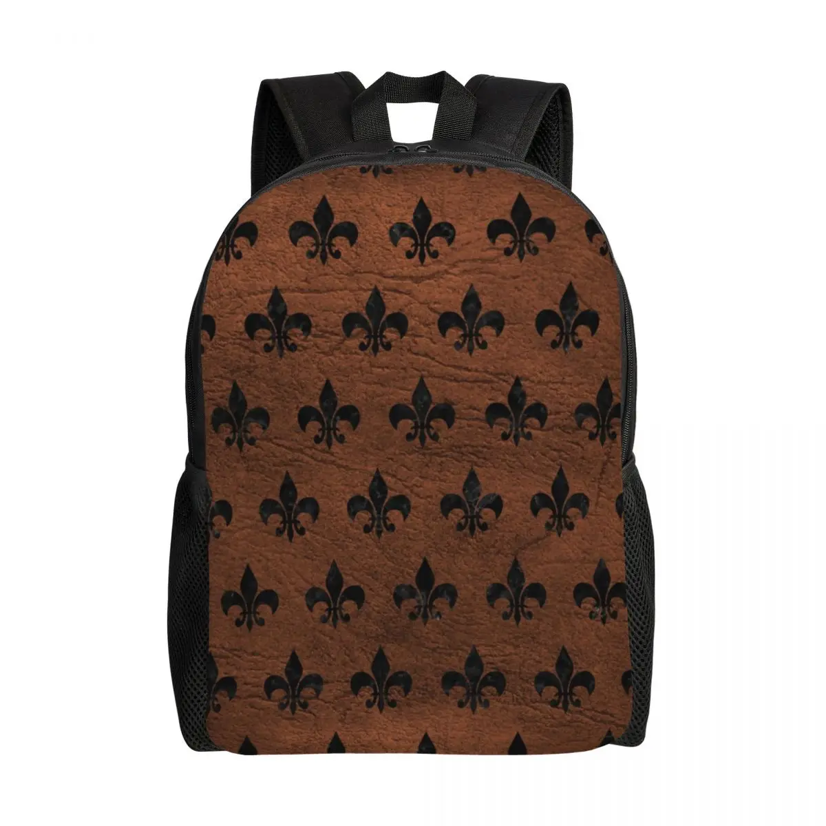 Royal Black Marble Brown Leather Fleur De Lis Laptop Backpack Basic Bookbag for School College Student Lily Flower Symbol Bags