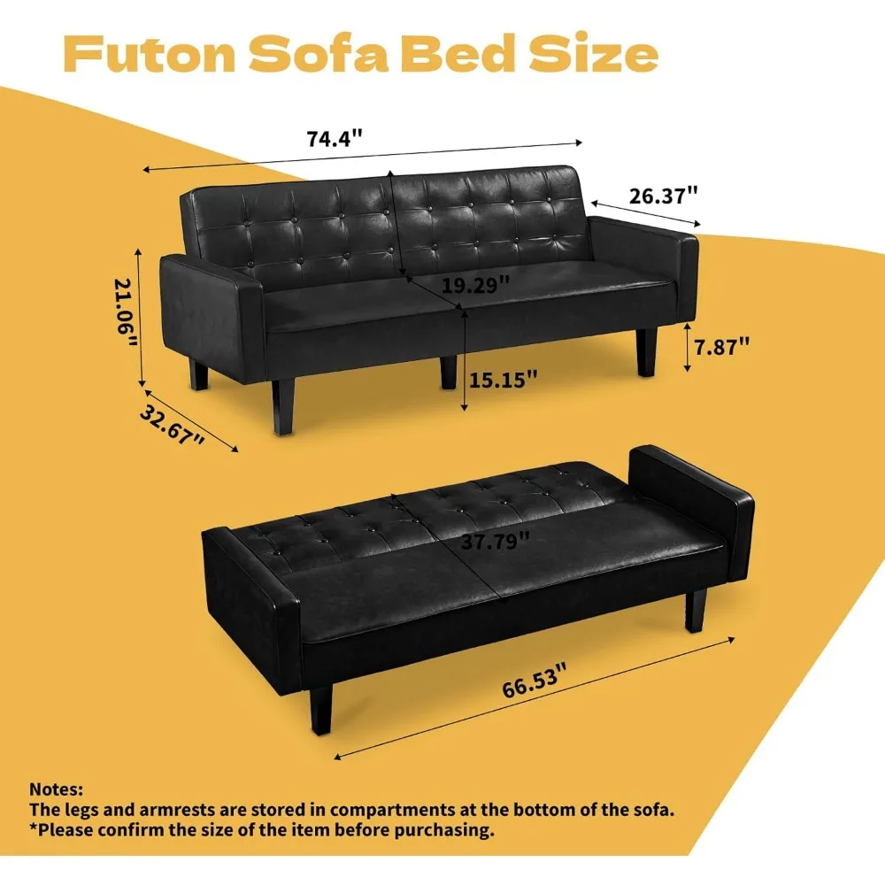 Sofá futón de piel sintética, sofá futón moderno de mediados de siglo con espuma viscoelástica, sofá cama futón convertible para espacios pequeños