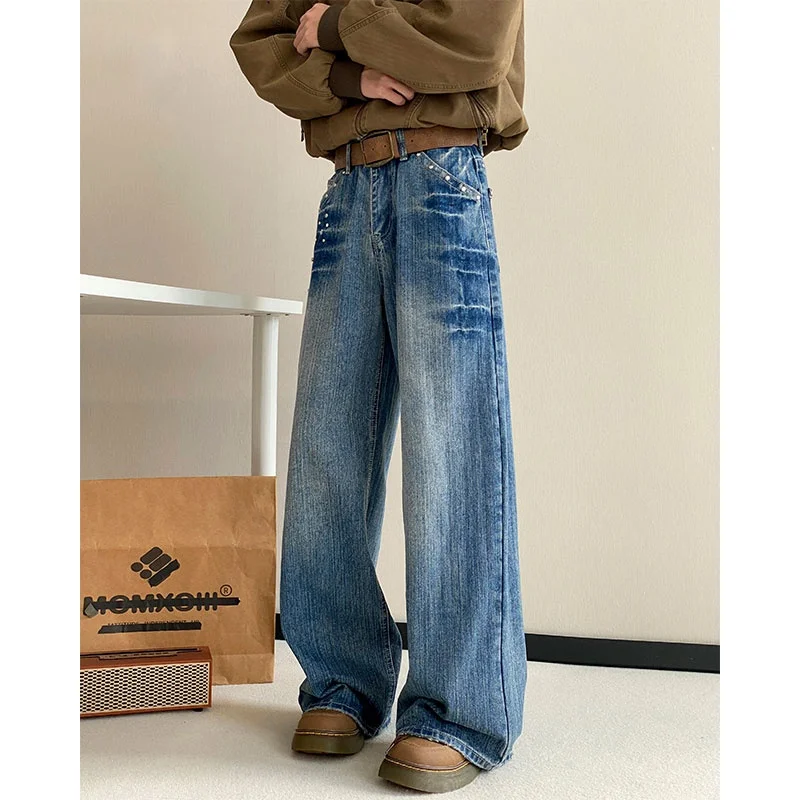 

Retro Blue Rivet Men's Jeans Loose Straight Casual Long Pants Autumn Winter New Style American High Street Trend Brand