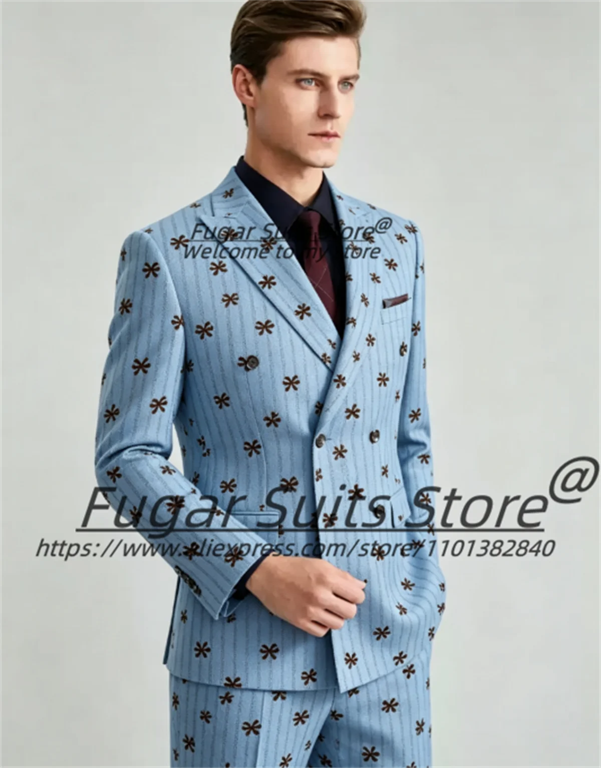 Fashion Light Blue Floral Stripe Men Suits Customized Double Breasted Slim Fit Groom Wedding Tuxedo 2 Pieces Sets Costume Homme