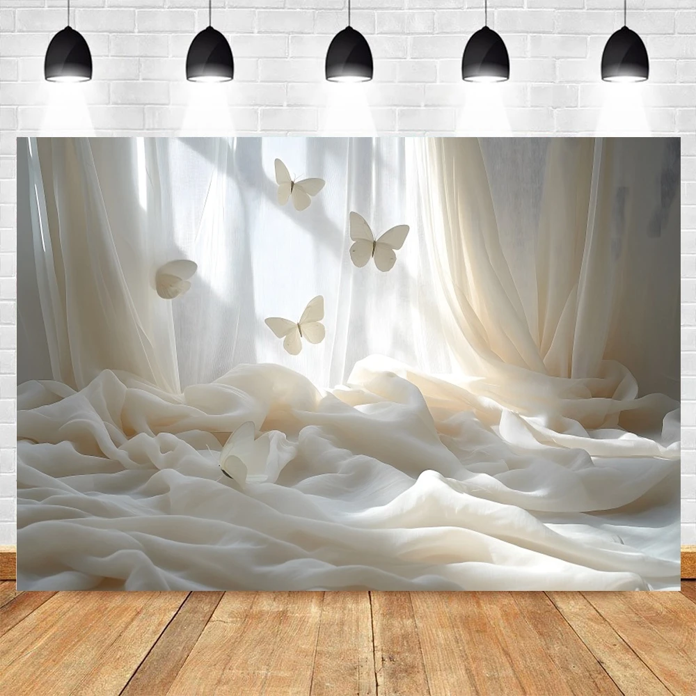 Window Sunshine White Curtains Butterfly Wedding Backdrop for Photography Kids Adults Maternity Dresses Photoshoot Background