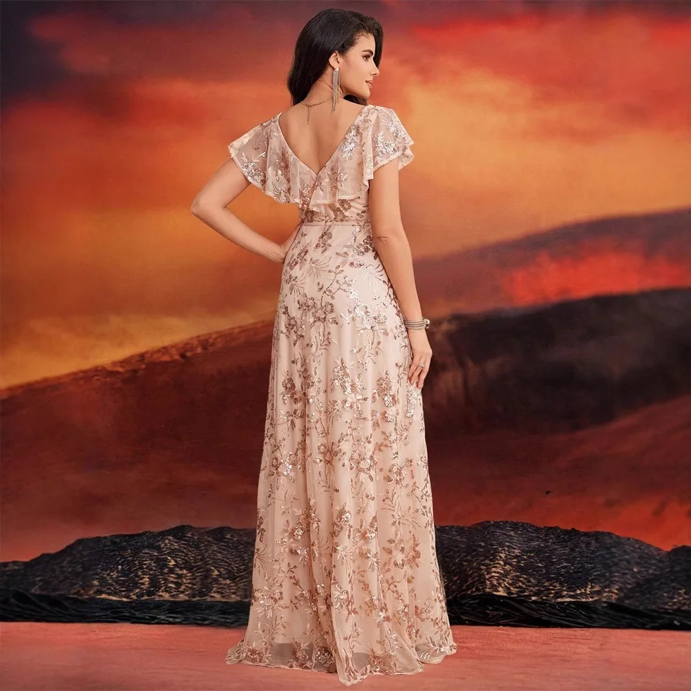 Abito da damigella d'onore con scollo a V, maniche a volant trasparenti, paillettes floreali oro rosa, in tulle, linea ad A, rosa cipria, con strascico, per matrimonio in giardino
