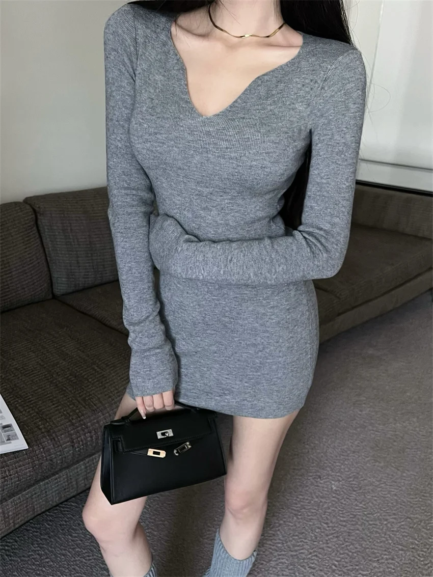 PLAMTEE Skinny Sweater Dress Women Slim Spring Chic 2024 V-Neck Knitted Daily Party Elegant New Office Lady High Street