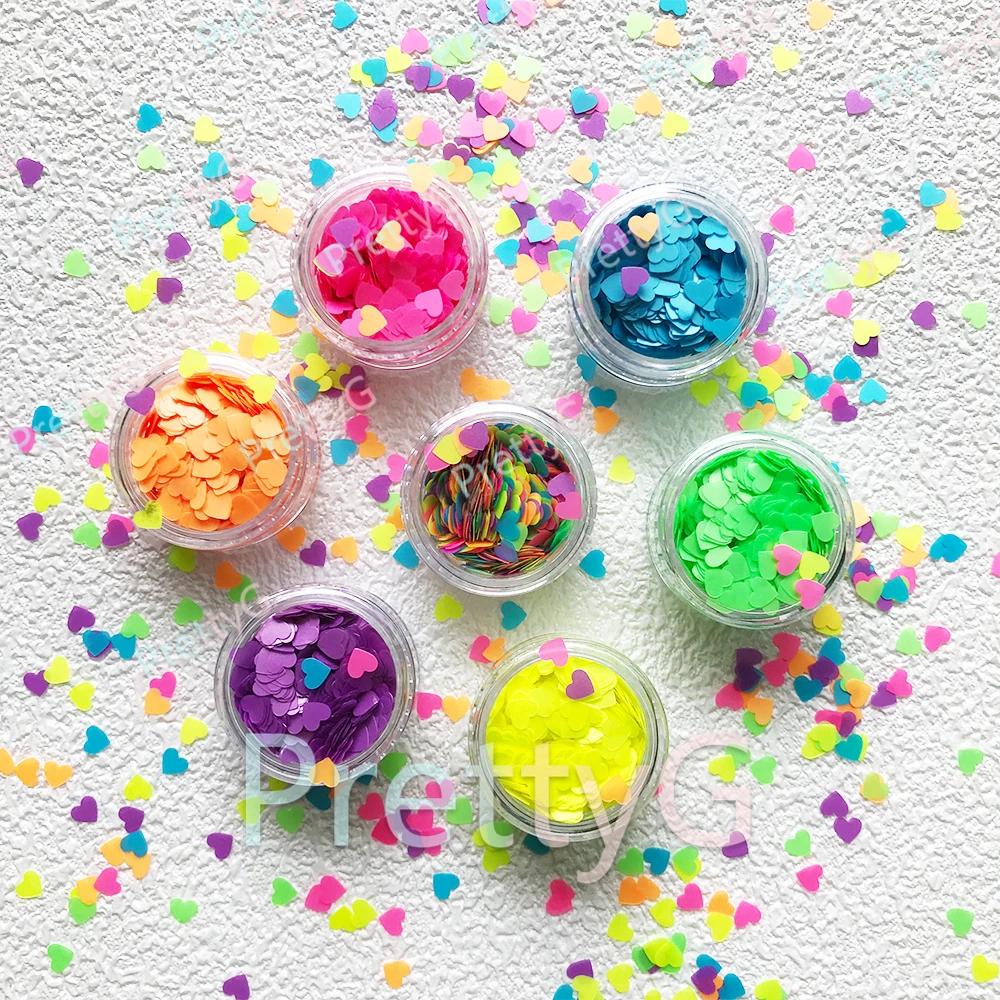 PrettyG 6-Color Set Box 4mm Love Hearts Shape Neon Fluorescent Glitter Heart Sequins Luminous For DIY Nail Art Decoration
