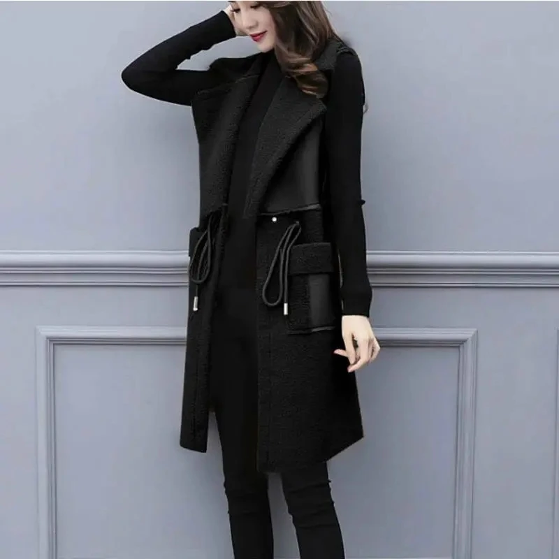 5XL Large Size Vests 2023 Autumn Winter New PU Leather Patchwork Lambwool Sleeveless Jacket Women Korean Slim Female Waistcoat